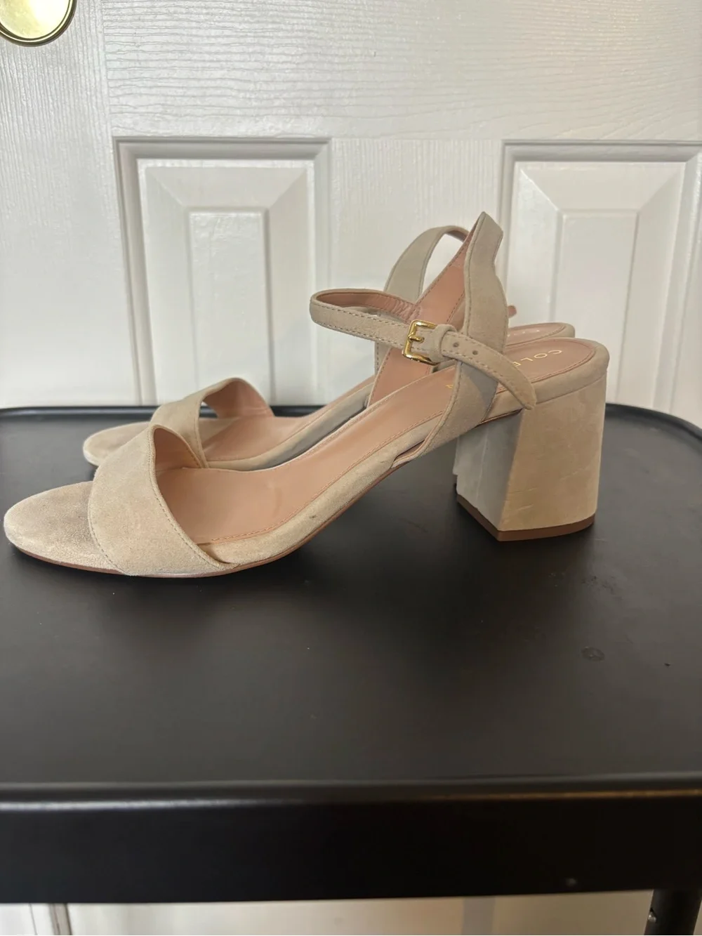 Cole Haan Beige Suede Block Heel Sandals